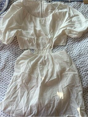 Crescent White Puff Sleeve Cutout Mini Dress